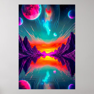 Neon-Synthwave-Alien-Planet-Landschaftsgrafik Poster