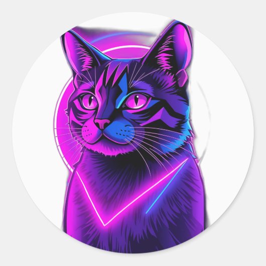 Neon Synthwave Cat Art Runder Aufkleber (Vorderseite)