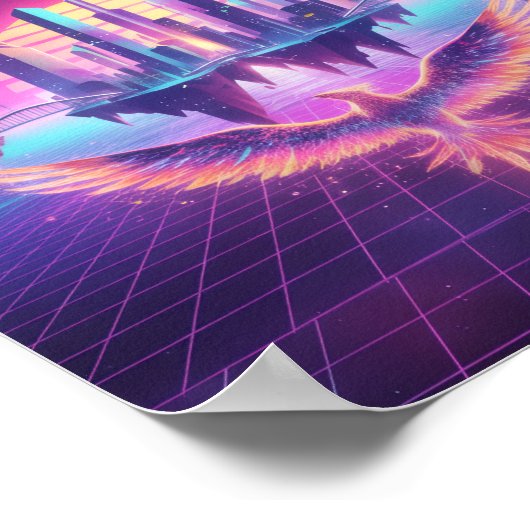 Neon Synthwave Cityscape Phoenix Art Print Poster (Ecke)