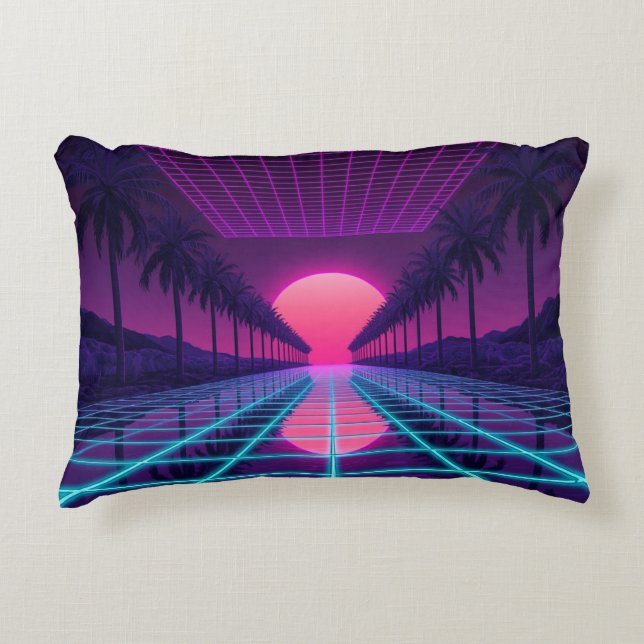 Neon Synthwave Gitter & Palmen Retro Kissen (Vorderseite)