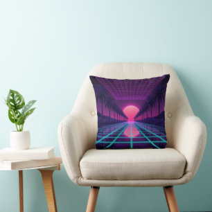 Neon Synthwave Gitter & Palmen Retro Kissen