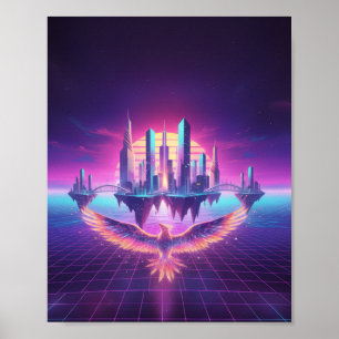 Neon Synthwave-Stadtlandschaft Phoenix Kunstprint Poster