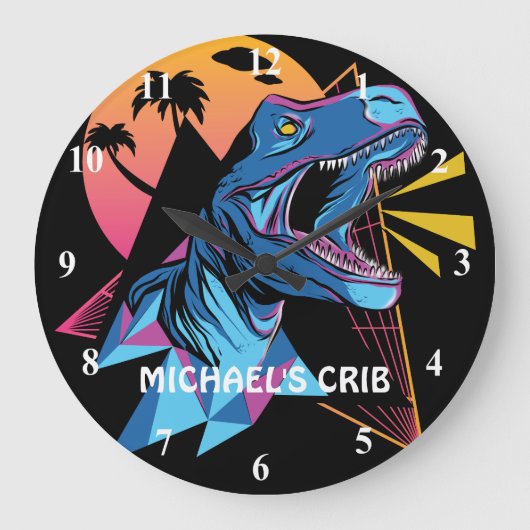 Neon T-Rex Dinosaur Graphics Teen Kids Cool Trendy Große Wanduhr (Vorderseite)