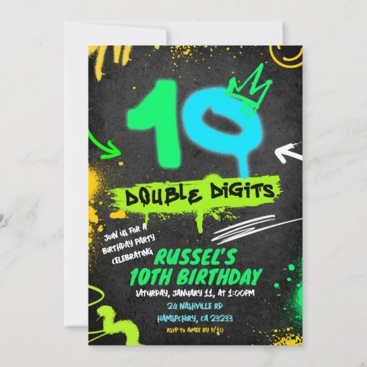 Neon Teenager Grafitti 10 double digit Birthday Einladung (Vorderseite)