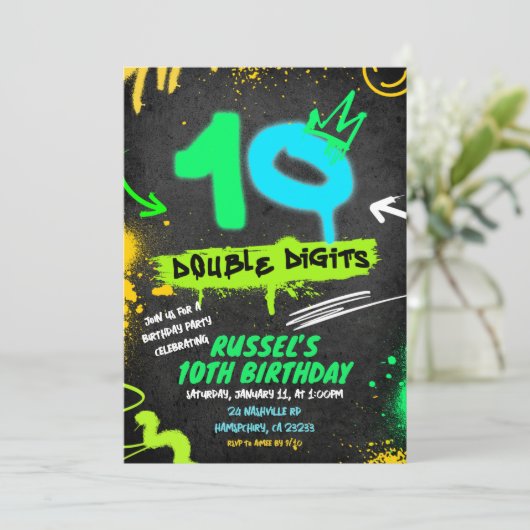 Neon Teenager Grafitti 10 double digit Birthday Einladung (Stehend Vorderseite)