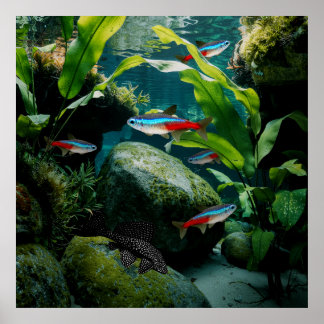 Neon Tetras Plecostomus Aquarium Fish Tank Lovers Poster
