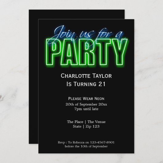 Neon Themed Party Einladung (Vorne/Hinten)