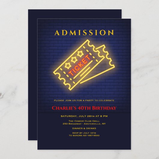 Neon Ticket to Party Einladung (Vorne/Hinten)
