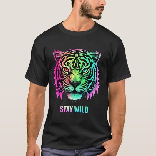 Neon Tiger Face T - Shirt mit Bold 3D BLEIBE WILD (Vorderseite)