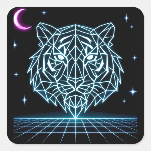 Neon-Tiger-Synthwave – Elektrischer Retro-Striker Quadratischer Aufkleber (Vorderseite)