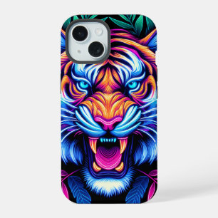 Neon Tiger und Dschungel-Blätter iPhone 15 Hülle