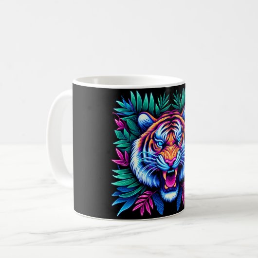 Neon Tiger und Dschungel-Blätter Kaffeetasse (Vorderseite Links)
