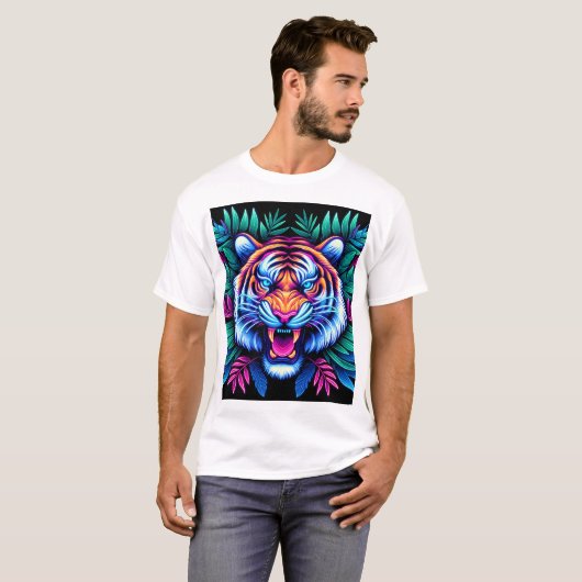 Neon Tiger und Dschungel-Blätter T-Shirt (Vorne ganz)