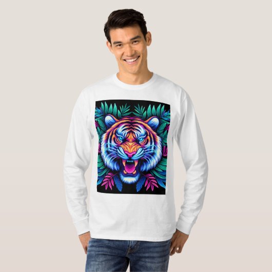 Neon Tiger und Dschungel-Blätter T-Shirt (Vorne ganz)