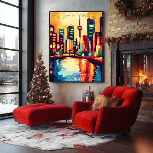 Neon Tokyo Skyline im Abstrakten fauvistischen Sti Poster
