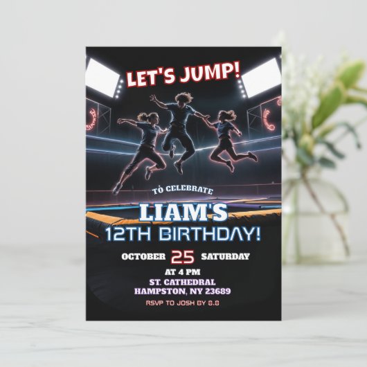 Neon Trampoline Park Birthday Boy Einladung (Stehend Vorderseite)