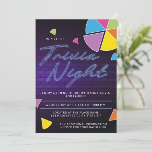 Neon Trivia Night Party Einladung (Stehend Vorderseite)