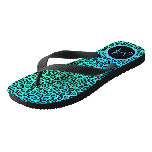Neon Türkise Leopard Print Monogram Badesandalen (Schrägansicht)