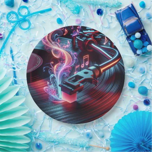 Neon Turntable mit Vinyl Record Pappteller (Party)