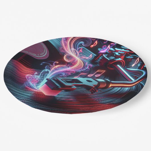 Neon Turntable mit Vinyl Record Pappteller (Schrägansicht)