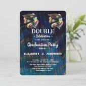Neon Two Graduates Double Graduation Party 2025 Einladung (Stehend Vorderseite)