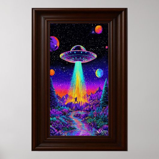 Neon UFO Abduction – Psychedelic Space Art Print Poster (Vorne)