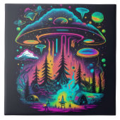 Neon UFO und Alien Scene Psychedelic Art Fliese (Vorderseite)