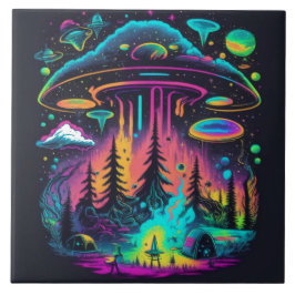 Neon UFO und Alien Scene Psychedelic Art Fliese