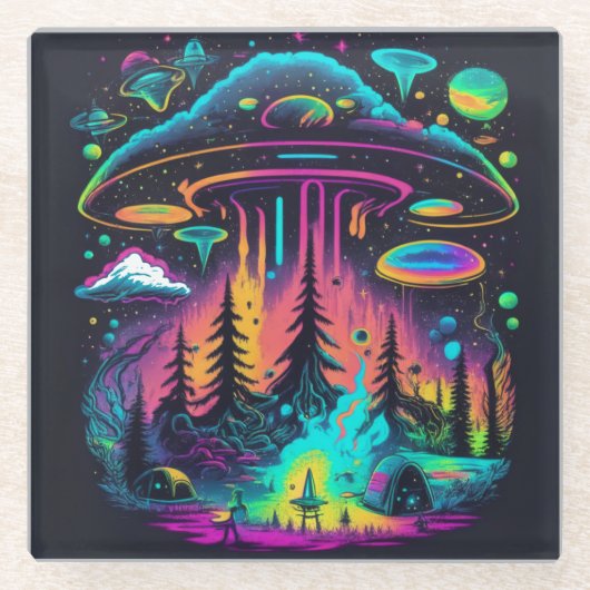 Neon UFO und Alien Scene Psychedelic Art Glasuntersetzer (Vorderseite)