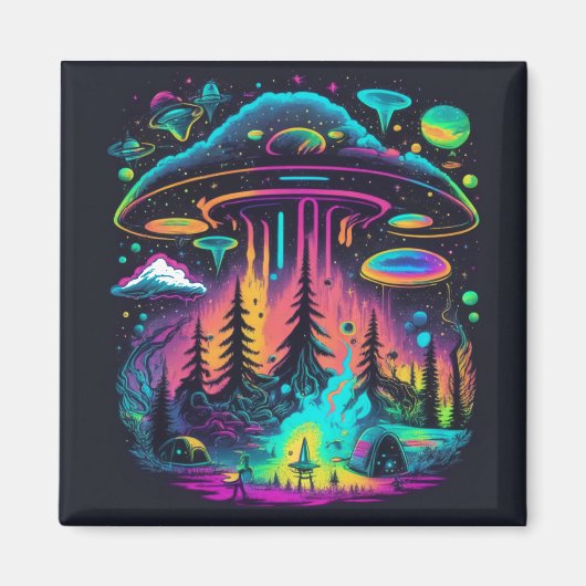 Neon UFO und Alien Scene Psychedelic Art Magnet (Vorne)