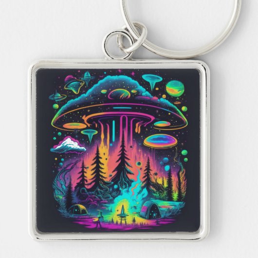 Neon UFO und Alien Scene Psychedelic Art Schlüsselanhänger (Vorne)