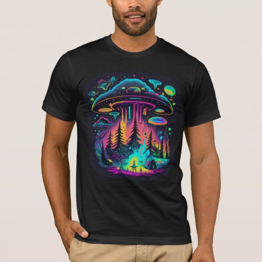 Neon UFO und Alien Scene Psychedelic Art T-Shirt (Vorderseite)