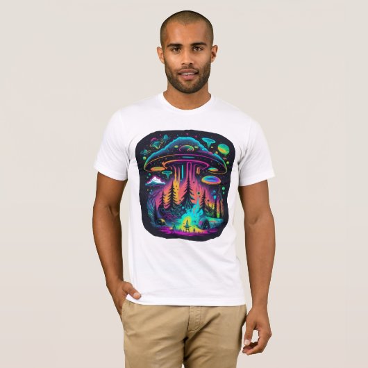 Neon UFO und Alien Scene Psychedelic Art T-Shirt (Vorne ganz)