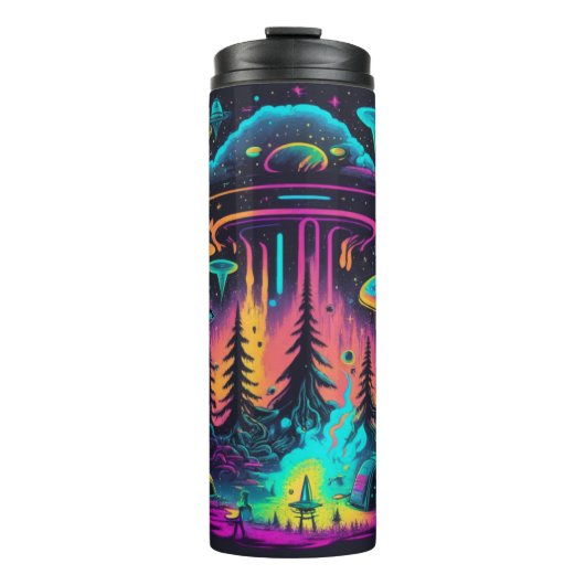 Neon UFO und Alien Scene Psychedelic Art Thermosbecher (Vorderseite)