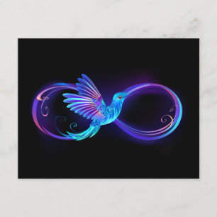 Neon-Unendlichkeitssymbol mit leuchtendem Kolibri Begleitkarte