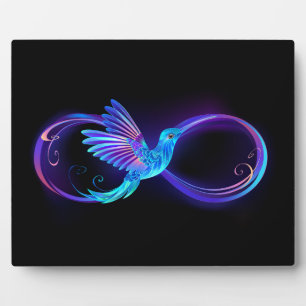 Neon-Unendlichkeitssymbol mit leuchtendem Kolibri Fotoplatte