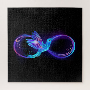 Neon-Unendlichkeitssymbol mit leuchtendem Kolibri Puzzle
