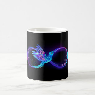 Neon-Unendlichkeitssymbol mit leuchtendem Kolibri Verwandlungstasse