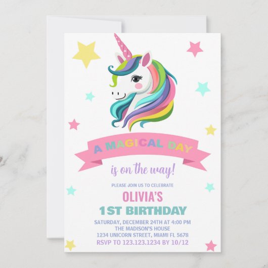 Neon Unicorn Einladung zum Geburtstag (Vorderseite)