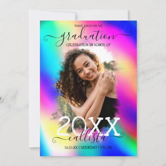 Neon Unicorn Holographic Foto Collage Abschluss Einladung (Vorderseite)