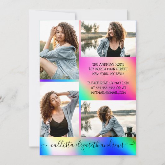 Neon Unicorn Holographic Foto Collage Abschluss Einladung (Rückseite)