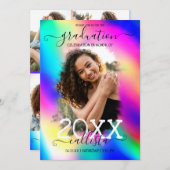 Neon Unicorn Holographic Foto Collage Abschluss Einladung (Vorne/Hinten)