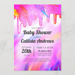 Neon Unicorn Holographic Glitzer Tropfen Baby Show Einladung