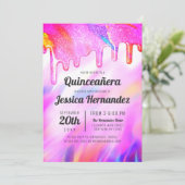 Neon Unicorn Holographic Glitzer Tropfen Quinceañe Einladung (Stehend Vorderseite)