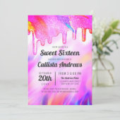 Neon Unicorn Holographic Glitzer Tropfen Sweet 16 Einladung (Stehend Vorderseite)