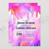 Neon Unicorn Holographic Glitzer Tropfen Sweet 16 Einladung (Vorne/Hinten)