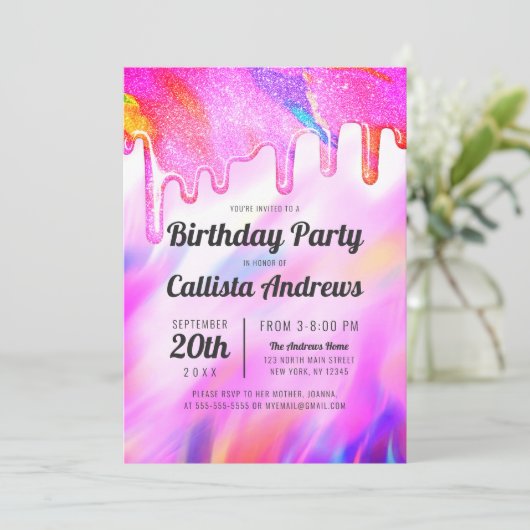 Neon Unicorn Holographic Glitzer Tropfens Birthday Einladung (Stehend Vorderseite)