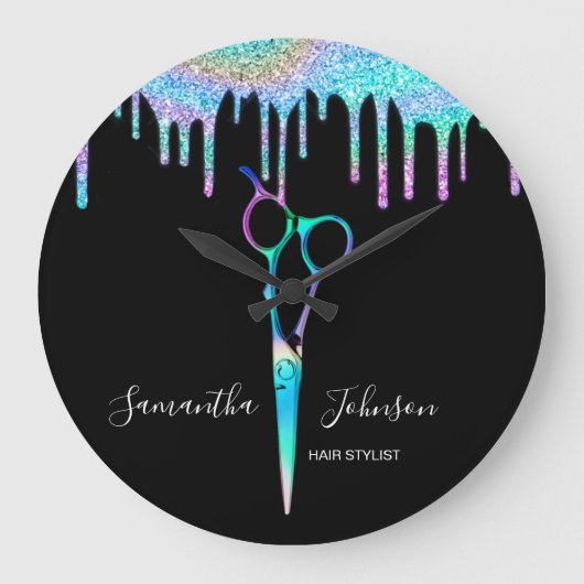 Neon Unicorn Holographic Hairstylist Friseur B Große Wanduhr (Vorderseite)