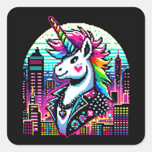 Neon Urban Unicorn - Pixel Art City Quadratischer Aufkleber