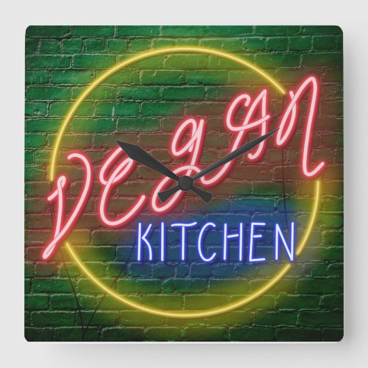 Neon Vegan Kitchen Sign Quadratische Wanduhr (Vorderseite)